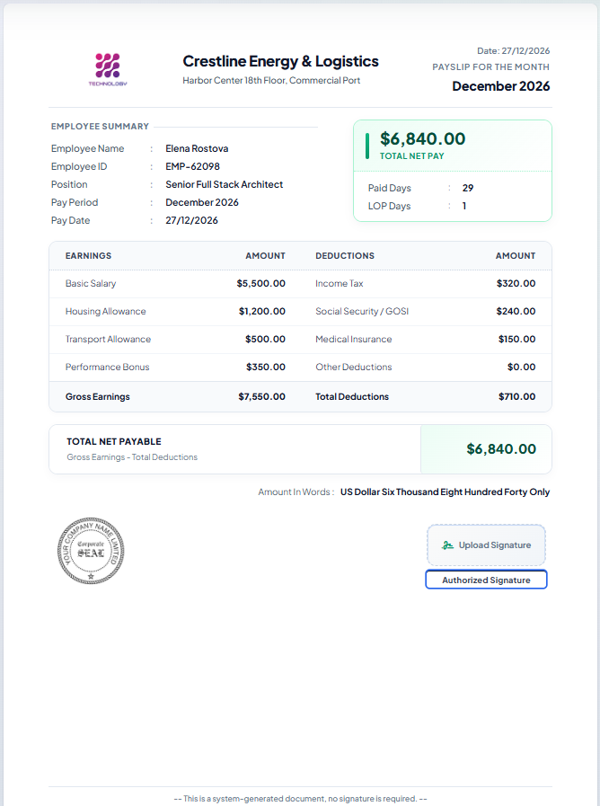 FreePayslip Standard Official Salary Slip Template